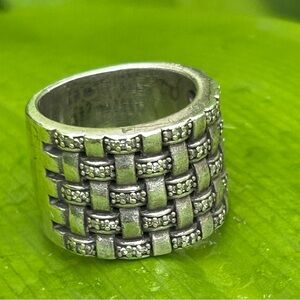 Vintage Effy sterling silver wide diamond-studded basket weave pattern ring sz8